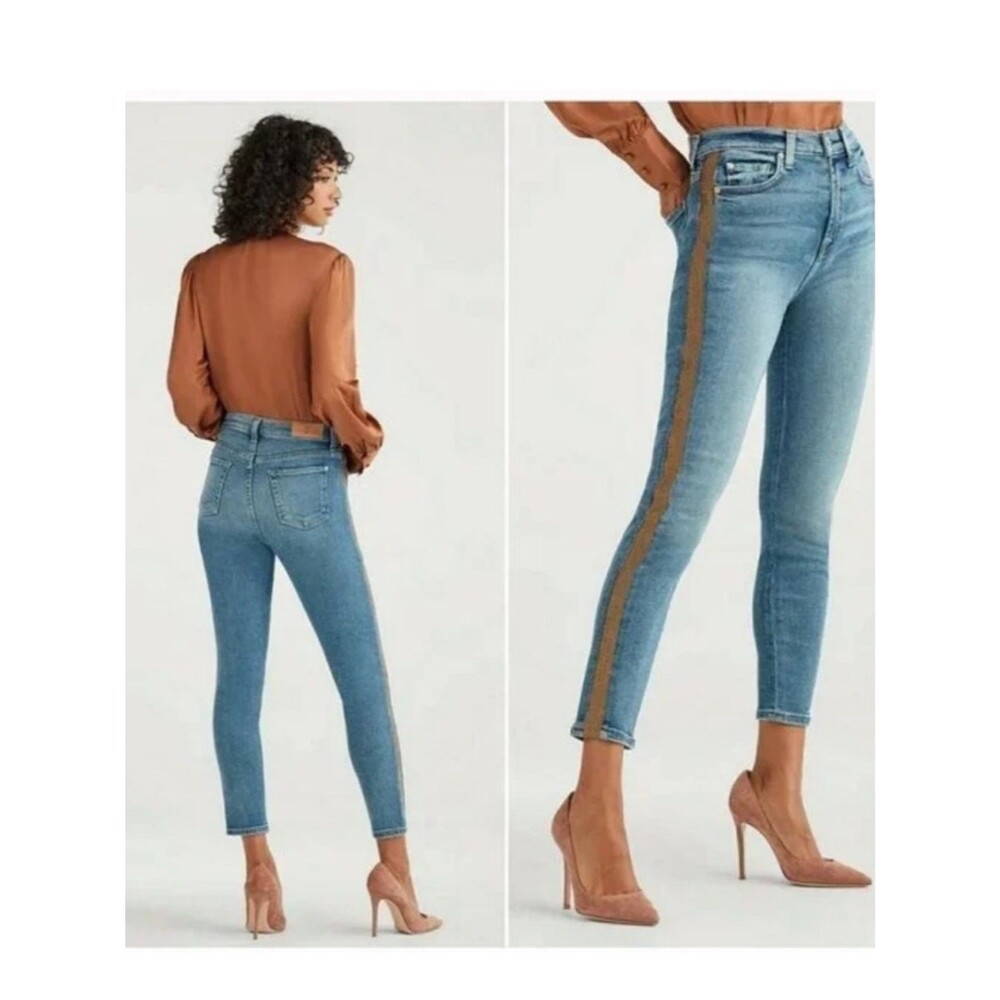 7 For All Mankind Luxe Vintage High Waist Ankle Skinny Jeans Gold Metallic Side
